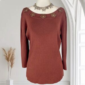 Early 2000's Coquette Fairy Flower Trim Embellished Maroon Brown Sweater L